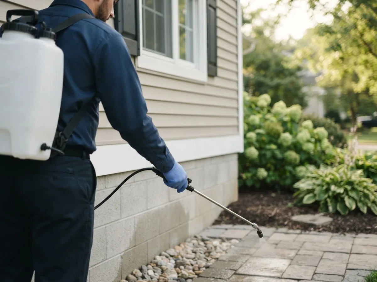 Pest control technician inspecting a home in Haynesville, VA